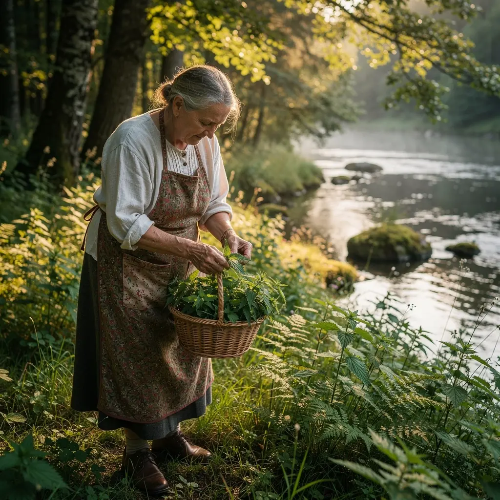 Arbatos puodelis su garuojančia dilgėlių arbata, šalia jo stovi šviežių citrinų riekelės.