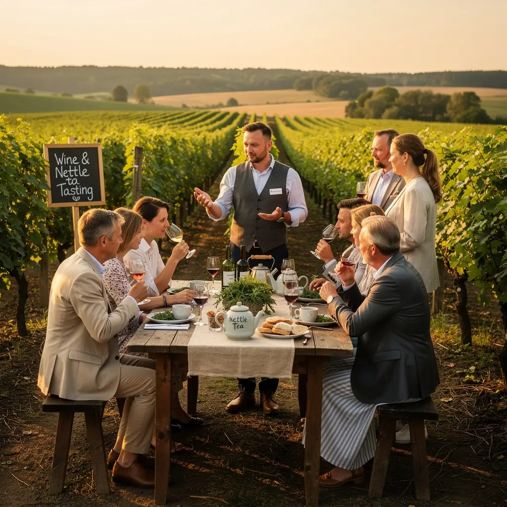 Patiekalas su paruošta dilgėlių arbata, padėtas ant medinio stalo, aplink jį natūralios žolelės.