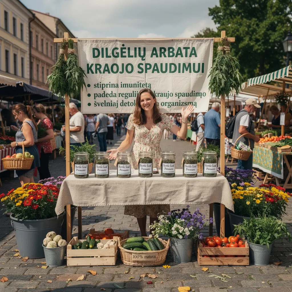 Dilgėlių lapų arbata, supakuota elegantiškame maišelyje, kuriame matyti natūralūs ingredientai.